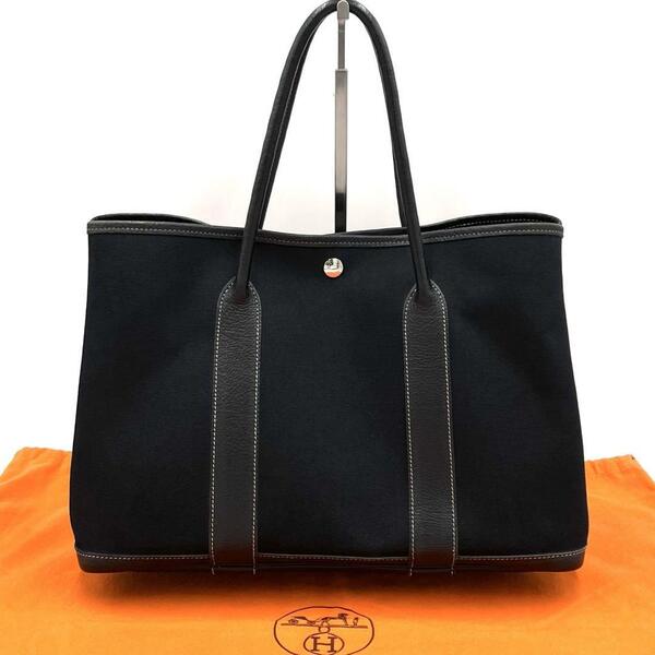 美品 HERMES エルメス ガーデンパーティー PM ブラック トワルオフィシエ トートバッグ 黒 キャンバス 正規品