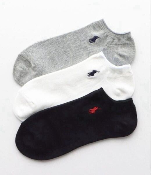 【新品未使用】 POLO RALPH LAUREN ポロラルフローレン 3足セット 鹿の子編み マーク刺繍 スニーカーソックス 25-27cm 白黒灰 送料無料