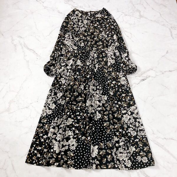 Re.Verofonna ヴェロフォンナ ドット ミックスフラワー ワンピース ロング 花柄 水玉 ゆったり 手洗い可 ポリ 日本製 ブラック 黒 38 M