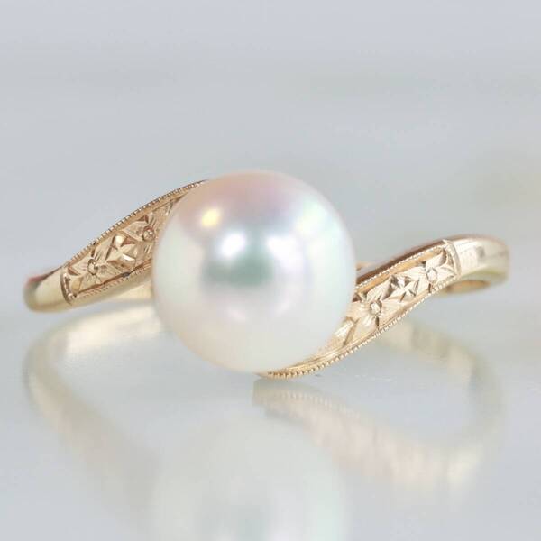 K14 YG ミキモト 彫金 あこや真珠 リング パール 7.4mm 御木本 MIKIMOTO