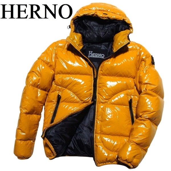 HERNO ヘルノ GLOSS グロッシー コーティング フーデッド ダウン ジャケット 44 マスタード PI0769U