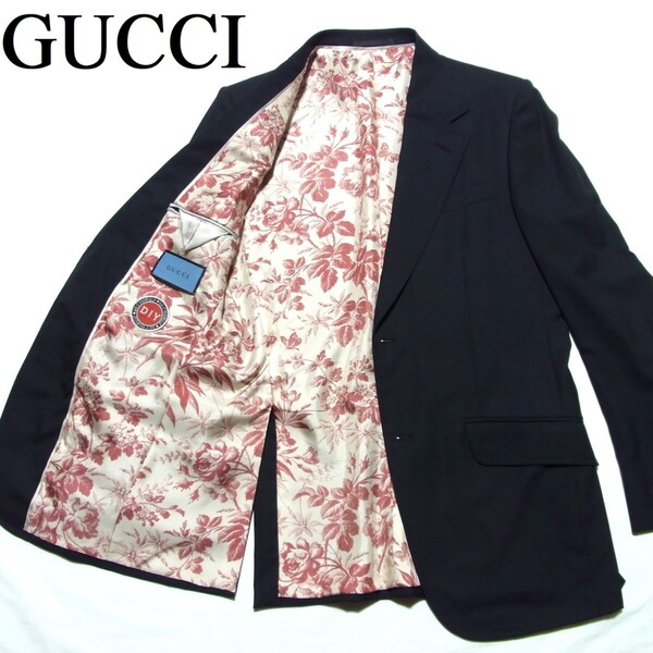 美品 GUCCI DIY グッチ オーダーメイド 2B テーラード ジャケット 46 黒 ブラック ウール x シルク 総柄