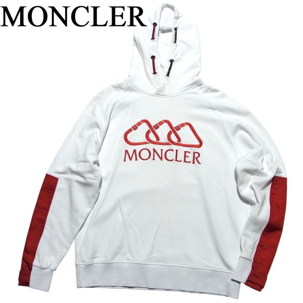 MONCLER モンクレール カラビナ ロゴ刺繍 袖切替 パーカー フーディー L ホワイト x レッド