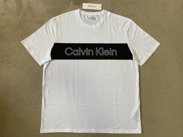 新品! カルバンクライン メンズ ラインロゴ Tシャツ Lサイズ ホワイト/ブラック 白黒 半袖 カットソー Calvin Klein