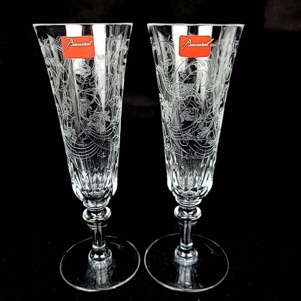 ∞未使用∞バカラ Baccarat パルメ エッチング 鳥 草花 シャンパンフルート 2客 ペア シャンパングラス 廃番 希少 レア