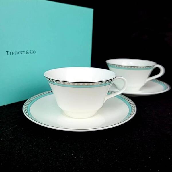 ●未使用∞ティファニー Tiffany&Co. プラチナブルーバンド カップ&ソーサー 2客 ペア 箱つき