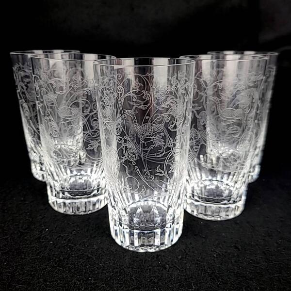 ∞美品∞バカラ Baccarat パルメ エッチング 鳥 草花 ハイボールグラス 5客 グラス ビアグラス 廃番 希少 レア