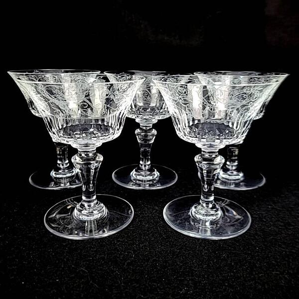 ∞良品∞バカラ Baccarat パルメ エッチング 鳥 草花 ワイングラス 5客 クープグラス 廃番 希少 レア