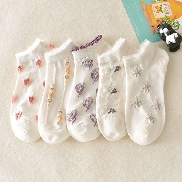 【5足セット】レディースソックス かわいい 薄手 通気性 ホワイト 花柄 通気性 ショートスニーカー通勤通学