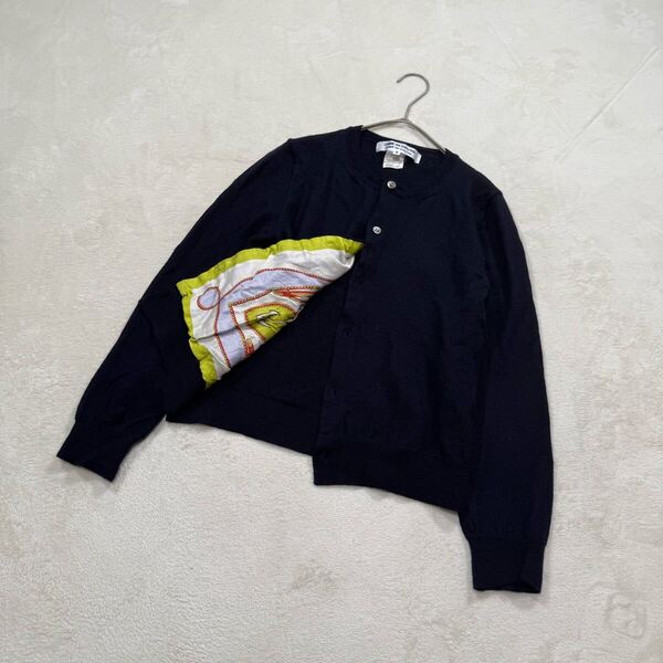 COMME des GARCONS コムコム 裏地 スカーフ柄 カーディガン コムデギャルソン 異素材 ウール シルク 希少 ドッキング 切り替え ネイビー