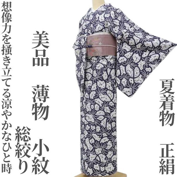 【ゆめsaku】 美品 総絞り 夏着物 正絹 薄物“想像力を掻き立てる涼やかなひと時”小紋 C-89