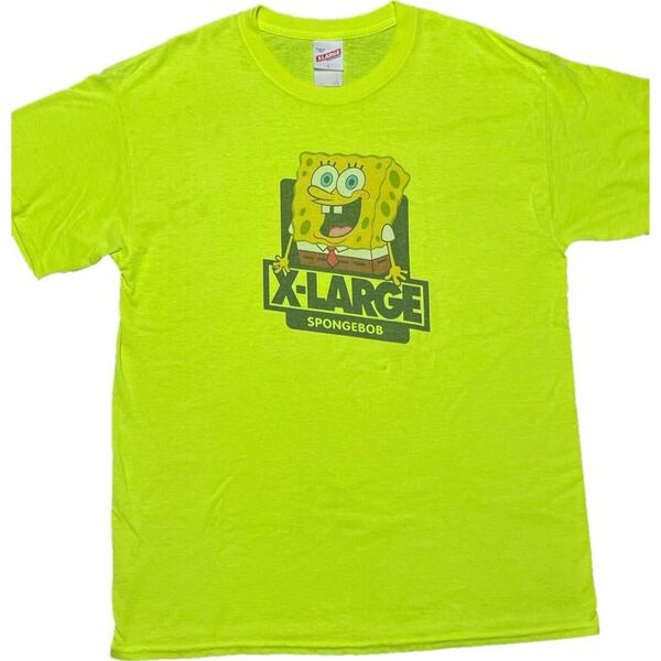 レア XLARGE × SPONGEBOB コラボレーション プリントTシャツ 蛍光イエロー Lサイズ エクストララージ スポンジボブ キャラクターTシャツ