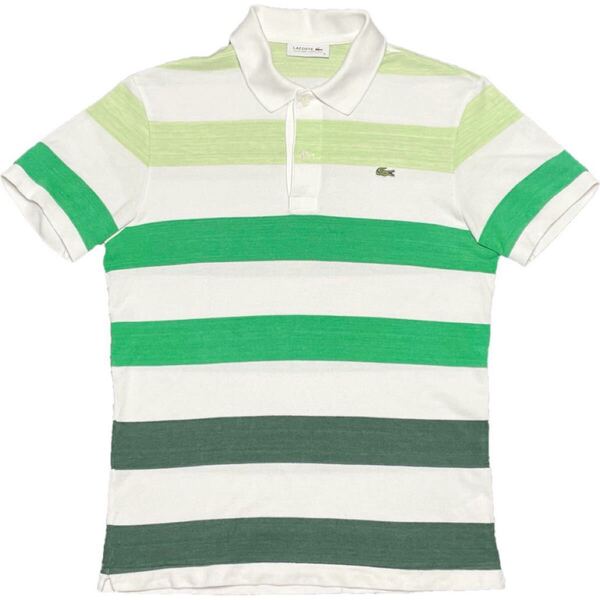 MADE IN JAPAN製 LACOSTE グラデーションボーダー柄半袖鹿の子ポロシャツ グリーン×ホワイト 3/Sサイズ ラコステ 日本製 ポロシャツ