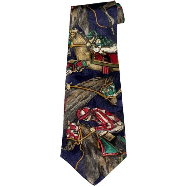 タグ付き新古品 MADE IN ITALY製 Primavera FOR Tie Rack 競走馬柄シルクネクタイ ネイビー タイラック イタリア製 馬