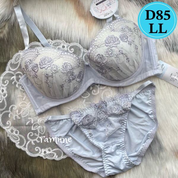 ラスト【D85-LL サックス 上下】新品 ブラジャーショーツ パッド付き バラ刺しゅう ラメ セクシーパンティ 女装 大きいサイズ Dカップ