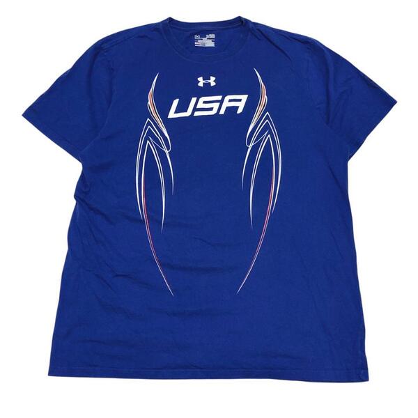アンダーアーマー 半袖Tシャツ USA ロゴT ブルー 夏物古着i62 XL相当