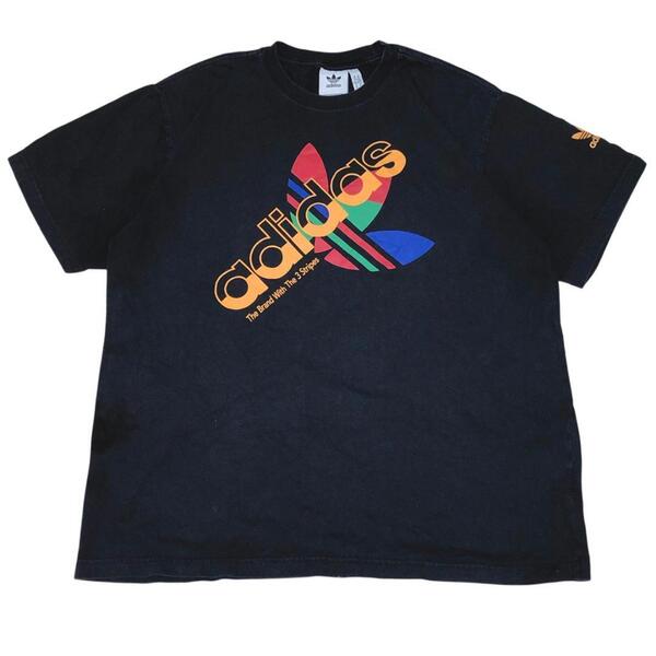 アディダス 半袖Tシャツ トレフォイル ロゴT ブラック 夏物古着i66 XL相当