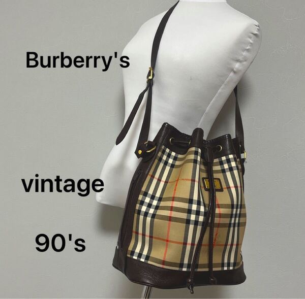 美品 vintage バーバリー Burberry 巾着 shoulder bag ショルダーバッグ ベージュ ノバチェック Burberry's シャドーホース