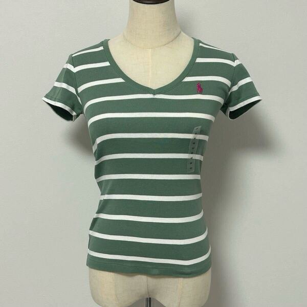 新品 タグ付き Y2K ラルフローレン RALPH LAUREN ちびT ピチT 半袖Tシャツ Vネック ボーダー tight トップス Green T-shirt 7430FH