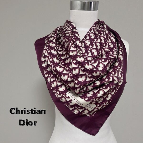 Christian Dior ディオール 大判スカーフ トロッター柄 シルクスカーフ パープル 臙脂色 ワインレッド 総柄 希少 レアカラー 7430FH
