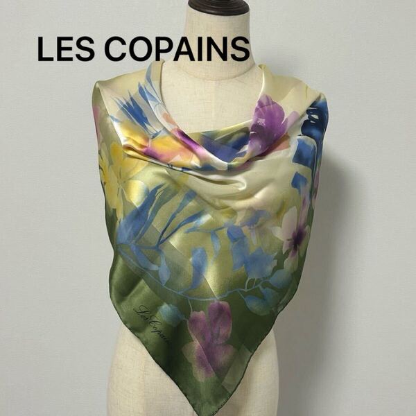 レコパン LES COPAINS シルクスカーフ 花柄スカーフ 定価3万程 大判スカーフ フラワープリント スカーフ グリーン 7430FH