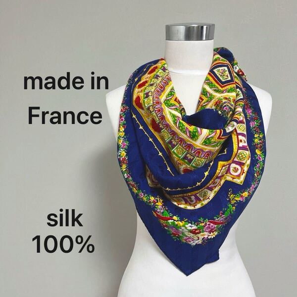 フランス製 シルクスカーフ 高品質 華やかデザイン 大判スカーフ ブルー ネイビー マルチカラー 花柄 シルク100% ハンドロール 7430FH