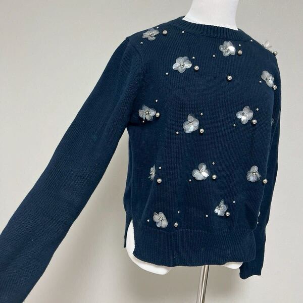 ZARA ザラ ネイビー お花モチーフ 紺 ニット セーター 厚手 コットンニット 7430FH