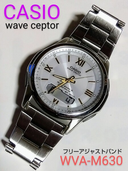 CASIO腕時計 wave ceptor WVA-M630 ソーラー電波 ホワイト 金ローマ数字 バンド調整コピー付 風防クリア 美品!