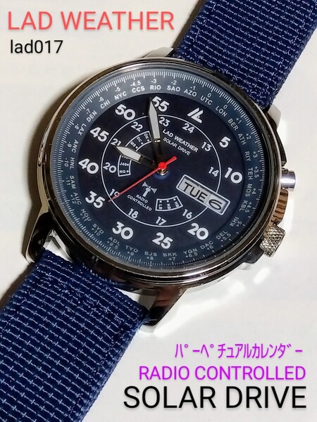LAD WEATHER腕時計 ソーラー電波アナログ デイデイト表示 ブルー 説明書コピー付 クリーニング済 美品!