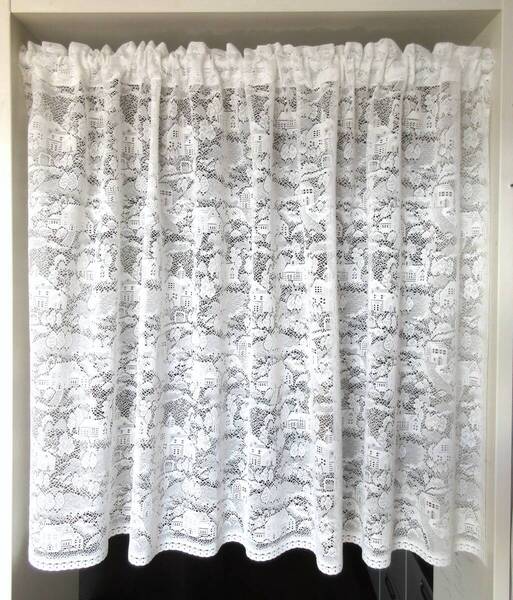 ★残1★日本製★風景柄 レース カフェカーテン 幅150cm X 丈90cm (0898) オフホワイト ★両サイド切りっぱなし★