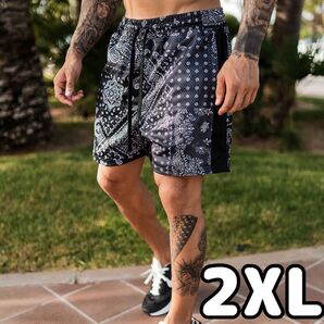 【2XLサイズ】メンズ ハーフパンツ ショートパンツ 短パン バンダナ柄 ペイズリー柄 カジュアル 夏 黒 薄手