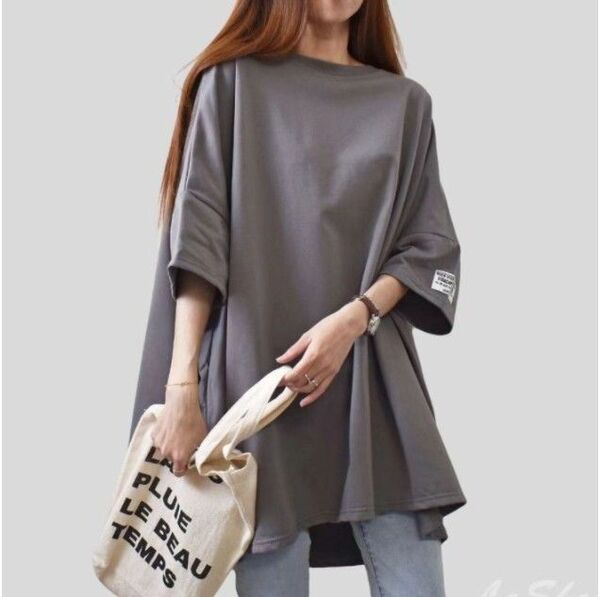 【グレー】オーバーサイズ ロング丈 半袖 ラウンドネック Tシャツ ゆったり おしゃれ 無地 シンプル ドロップショルダー