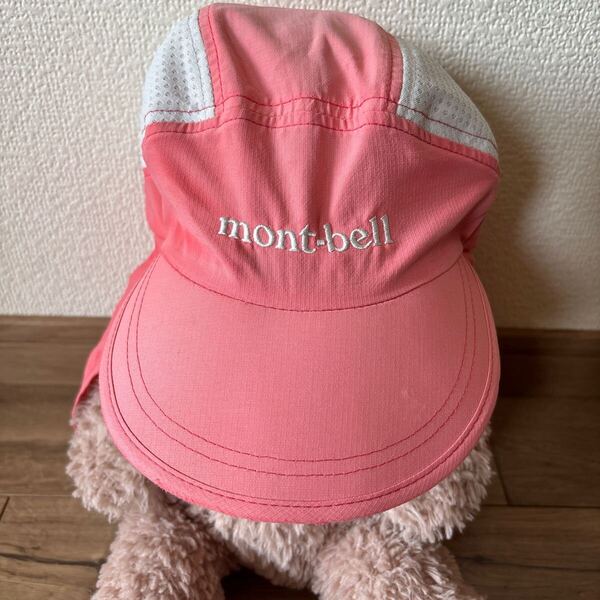 USED mont-bell モンベル キャップ 子供 キッズ フリーサイズ 51-54 サハラキャップ 帽子 日除け付き サーモンピンク 女の子