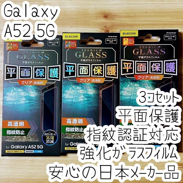 3個 Galaxy A52 5G SC-53B プレミアム強化ガラスフィルム 指紋認証対応 液晶平面保護 ケースに干渉しない 高光沢 シートシール 875