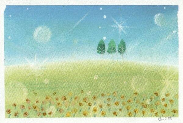 【幸せの丘】手書き 真作1点物 原画 絵画 直筆サイン 癒し 故郷 送料無料 匿名配送 happycolors 風景画 happytree