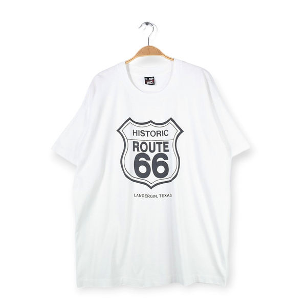 【送料無料】90s ルート66 USA製 ヴィンテージTシャツ ホワイト ROUTE 66 袖裾シングルステッチ フルーツオブザルーム XL 古着 @BZ0376