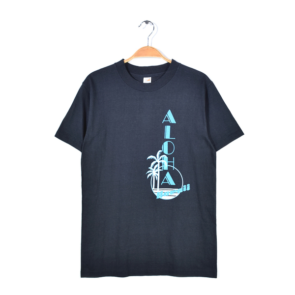 【送料無料】70s アロハ ハワイ USA製 ヴィンテージTシャツ ブラック ALOHA HAWAII ヘインズ 袖裾シングルステッチ S相当 古着 @BZ0395