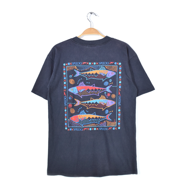 【送料無料】90s SPEEDO スピード USA製 ヴィンテージTシャツ 魚 フィッシュ 水泳 ブラック メンズM 古着 @BZ0397