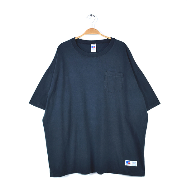 【送料無料】90s ラッセル USA製 ヴィンテージTシャツ ヘビーコットン ブラック 無地 ポケット付 ポケT 大きいサイズ XXL 古着 @BZ0401