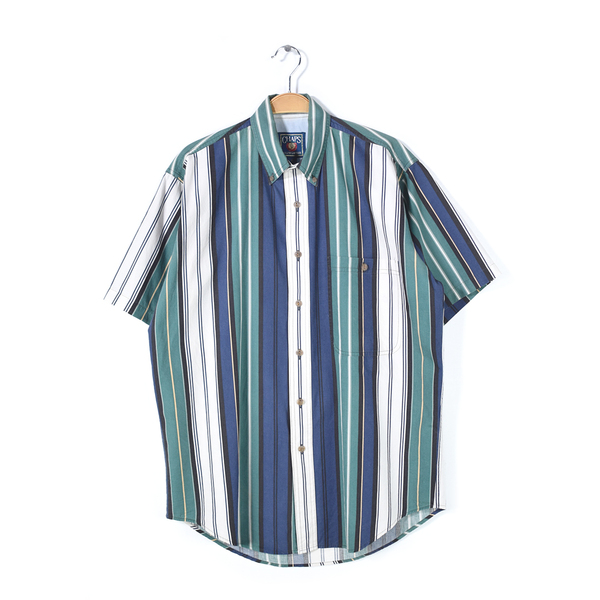 【送料無料】90s チャップス ラルフローレン ボタンダウンシャツ マルチストライプ 青白緑 半袖シャツ CHAPS RALPH LAUREN メンズS @CB1310