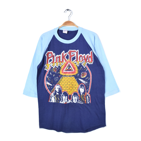 【送料無料】70s ピンクフロイド ヴィンテージロックシャツ ネイビー ライトブルー プロビデンスの目 プログレ PINK FLOYD L相当 @AAD1039