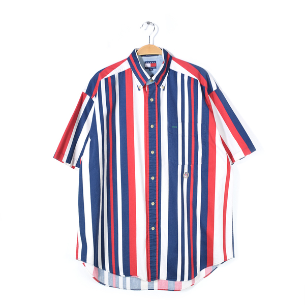 【送料無料】90s トミーヒルフィガー マルチカラー ボタンダウンシャツ 赤青白 エンブレム 半袖 旧タグ TOMMY HILFIGER メンズM @CB1314