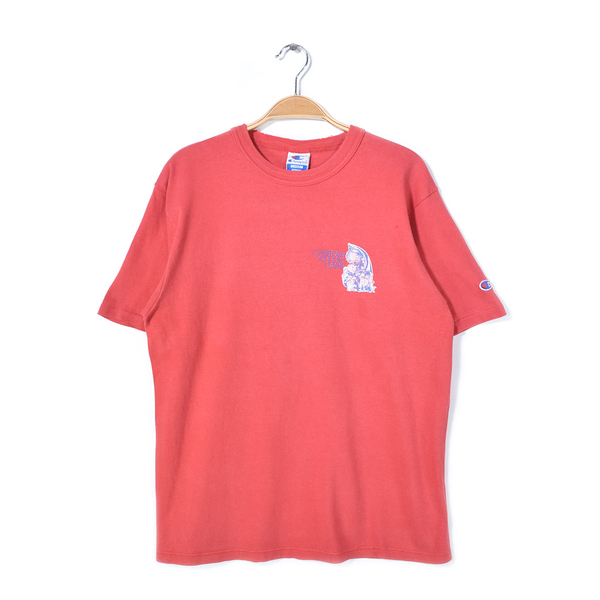 【送料無料】90s チャンピオン USA製 ヴィンテージTシャツ 88/12 コットン レーヨン CHRISTIAN ATHLETIC CAMP レッド サイズM 古着 @BD0045