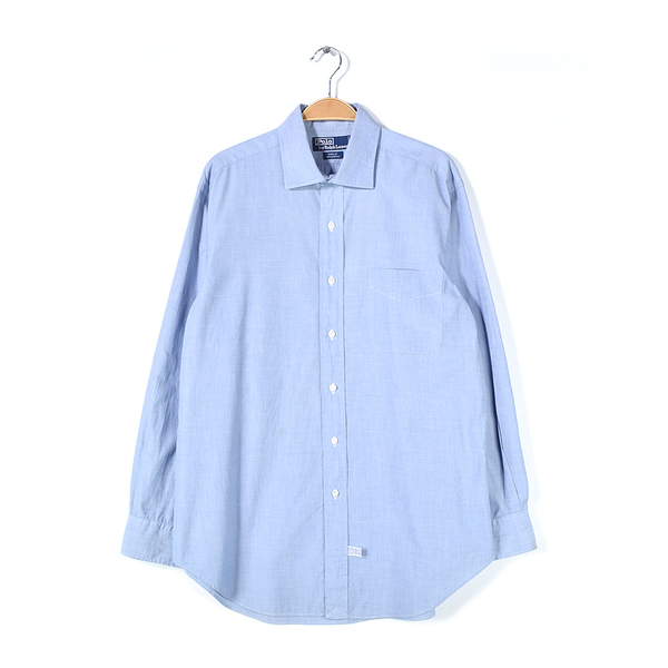 【送料無料】90s ラルフローレン フィリップ コットン 長袖シャツ ポニー無し ワイドカラー ライトブルー RALPH LAUREN L相当 古着 @CA1458