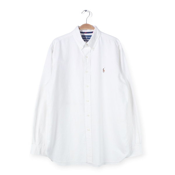 【送料無料】90s ラルフローレン オックスフォードシャツ ボタンダウン マチ付 ホワイト クラシックフィット RALPH LAUREN メンズM @CA1459