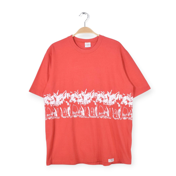 【送料無料】80s クレイジーシャツ USA製 ヴィンテージTシャツ 豚 ピッグ アニマルプリント レッド メンズL シングルステッチ 古着 @BZ0411