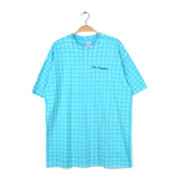 【送料無料】80s 90s ヘインズ USA製 ヴィンテージTシャツ 総柄 ニューハンプシャー エメラルドブルー XL シングルステッチ 古着 @BZ0412