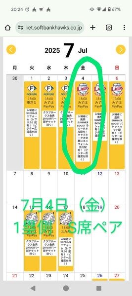 7月4日(金)ソフトバンクホークスVS西武ライオンズ 1塁側S席ペア