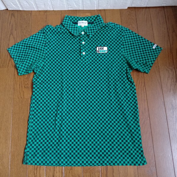 1917【中古】Jack Bunny golf ジャックバニーゴルフ ゴルフウェア 半袖 ポロシャツ メンズ サイズ M(4)緑黒升目柄