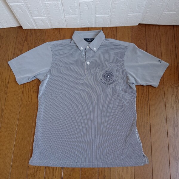 1919【中古】Munsing wear golf マンシングウェアゴルフ ゴルフウェア 半袖ボタンダウンシャツ メンズ サイズ M グレー白ストライプ